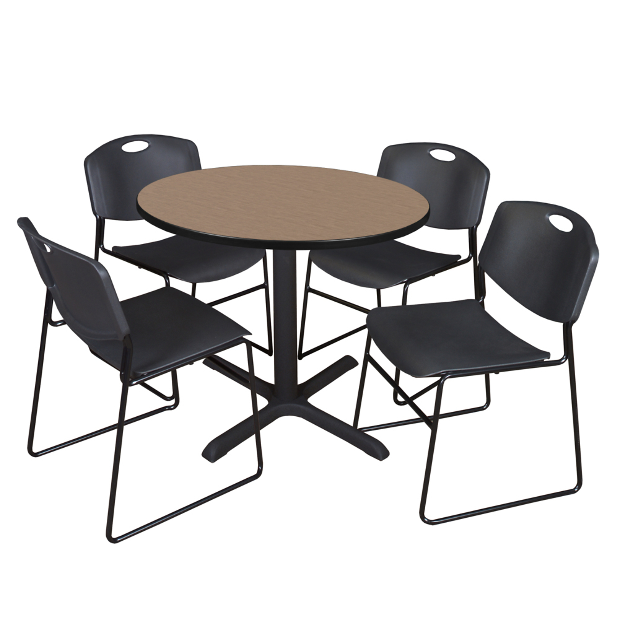 Regency Cain Round Breakroom Table and Zeng Stack Chairs Set — 42in., Noble Oak, 4 Chairs, Model# TB42RNDNO44BK